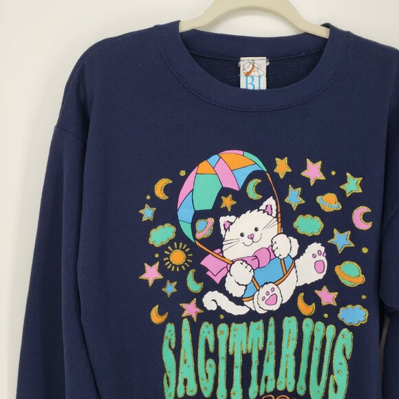 Vintage Sagittarius Zodiac Sweatshirt M Parachute Cat Graphic Stars Navy Teal - Picture 2 of 8